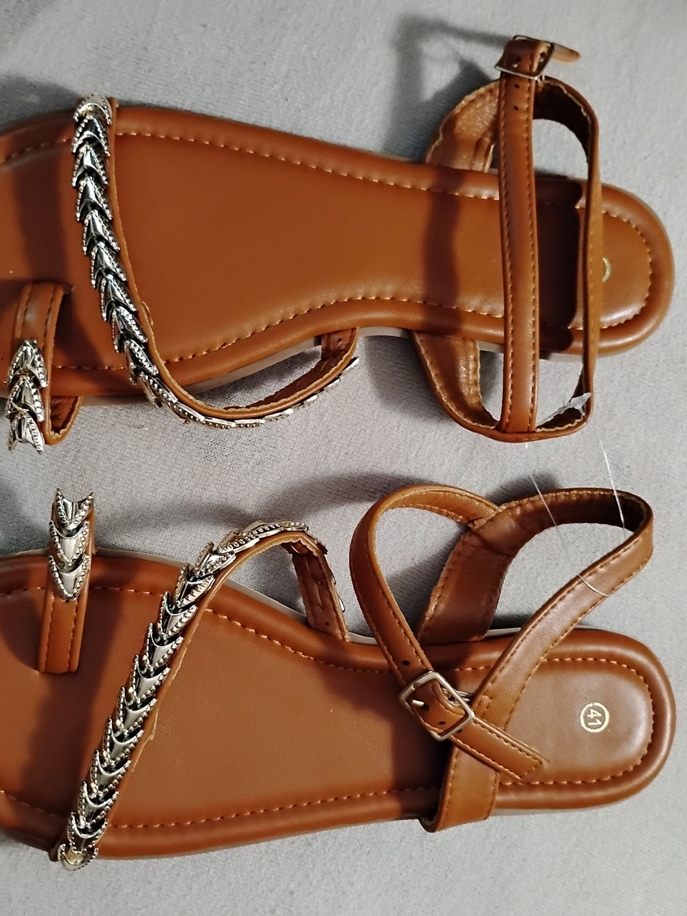 Women's Tan Ankle-Strap Sandals with Silver Chain Accent